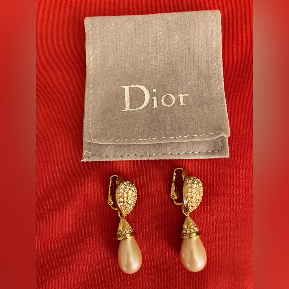 Christian Dior Signed clip on faux pearl earrings with Swarovski crystals 1980s